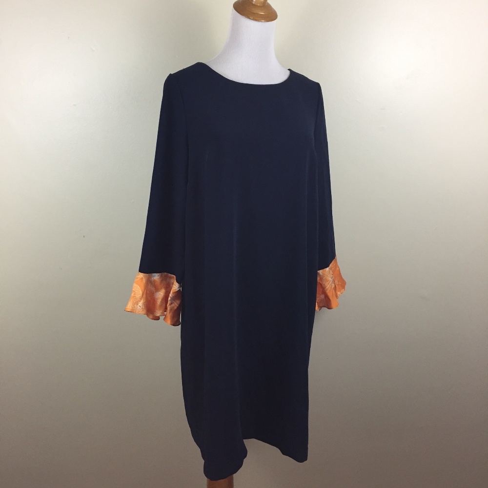 MADDERSON LONDON Dark Blue Orange White Printed Ruffle Cuff Maternity Dress